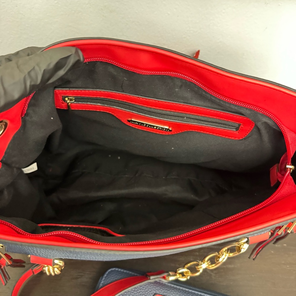 MKF Collection Blue Red Chain Shoulder Bag with Matching Wristlet - Picture 7 of 12